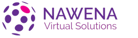 A globe made of purple circles, with a pink circle at the top of the globe. Beside that globe the name of the company "Nawena" is written in all caps, and "Virtual Solutions" is written in small letters, and in a lighter shade ofpurple than the rest of the logo