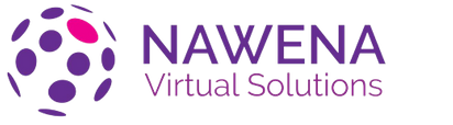 A globe made of purple circles, with a pink circle at the top of the globe. Beside that globe the name of the company "Nawena" is written in all caps, and "Virtual Solutions" is written in small letters, and in a lighter shade ofpurple than the rest of the logo