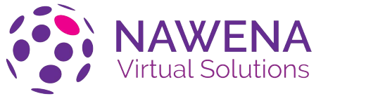 A globe made of purple circles, with a pink circle at the top of the globe. Beside that globe the name of the company "Nawena" is written in all caps, and "Virtual Solutions" is written in small letters, and in a lighter shade ofpurple than the rest of the logo